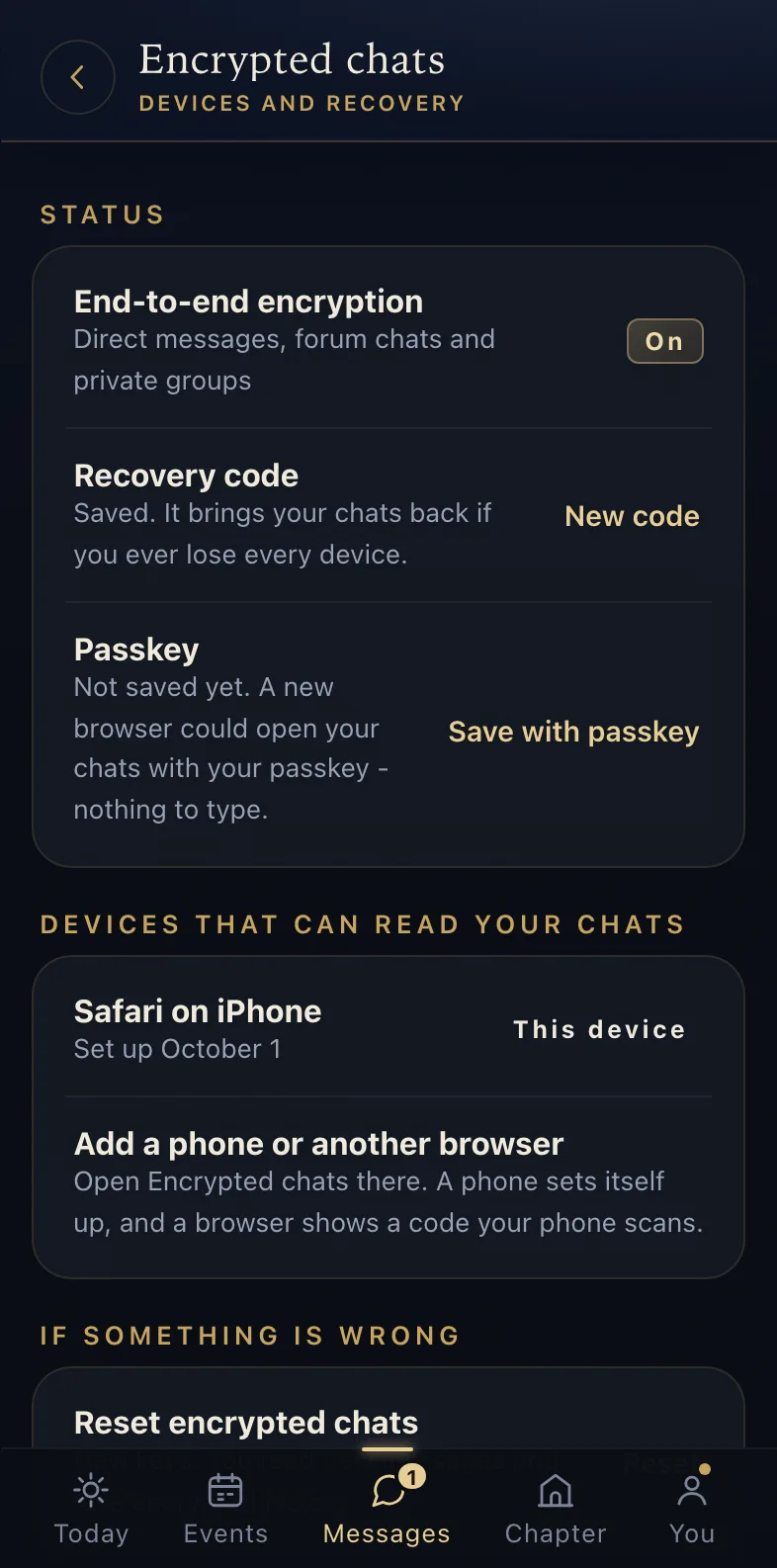 Encrypted chats on the You page: end-to-end encryption on, the member's devices, a passkey, the recovery code and the reset
